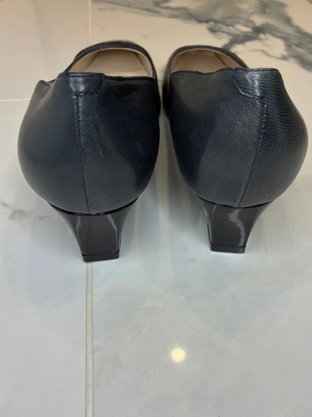 Bruno Magli Navy Leather Pumps with Black Patent Square Toe Cap